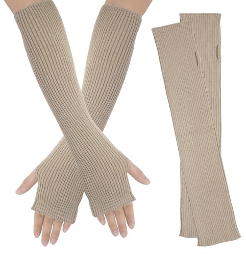 AUYAO Winter Armstulpen Damen Thermo Gestrickte Fingerlos Handschuhe Warm Strick Handstulpen Unisex Lange Armwärmer Stulpen Pulswärmer Kinder Winterhandschuhe mit Daumenloch Über Kinder (E:Kamel,40cm)
