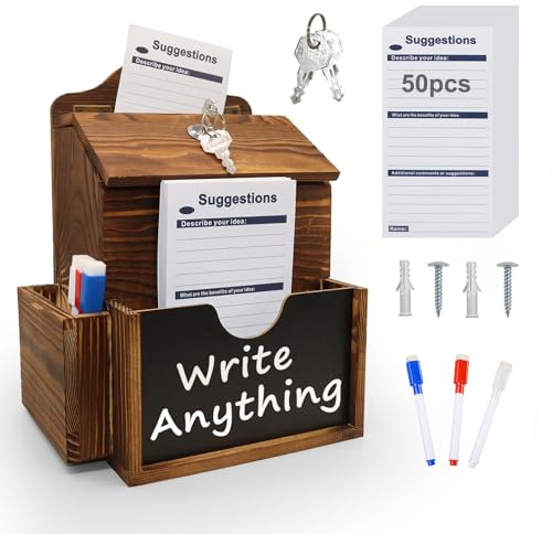 SAMYUCHO Suggestion Box with 50 Suggestion Cards Wood Donation Box with Slot and Lock Prayer Boxes for Fundraising Tip Drop Ballot Boxes Wall Mounted with Chalkboard and Keys for Church Office
