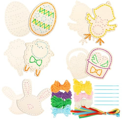Joxessaien 10 Stück Ostertiere Kreuzstich Bastelset aus Holz, 5-Art Osterbasteln Sets, Ostern Sticksets für Kinder, Osterdeko Selber Basteln, Ostergeschenke für Kinder