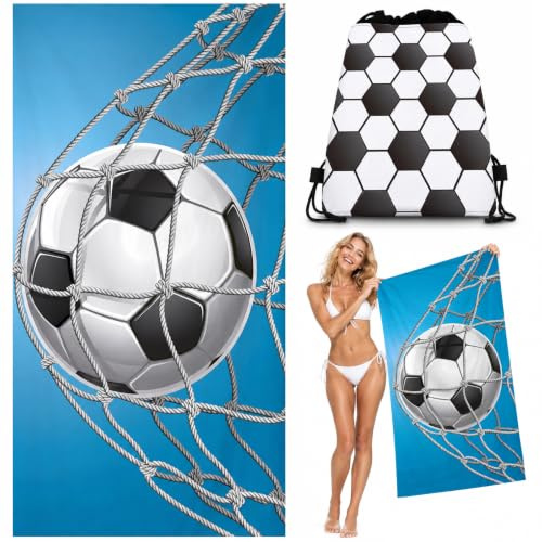 GVMJHYK Fußball Strandtuch Badetuch 2pcs Fußball Strandtuch, Feuer Fußball Badetuch, Sport Handtücher Mikrofaser Strandtücher, Mikrofaser & mit Beutel – Ideal für Strand, Pool & Urlaub Hawaii
