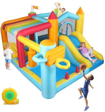 LEADZM Château Gonflable avec Stands de Marché de Jouets (Côté), Aire de Jeux Extérieure/Intérieure avec Piscine, Toboggan, Trampoline, Support de Basket-Ball, Support de Boxe, 356x315x203cm