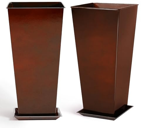 JonesHouseDeco Garden - Juego de 2 macetas cuadradas cónicas grandes de 71 cm, superficie de espejo rojo brillante, imitación de cerámica, maceta alta para puerta delantera, maceta de helecho de metal