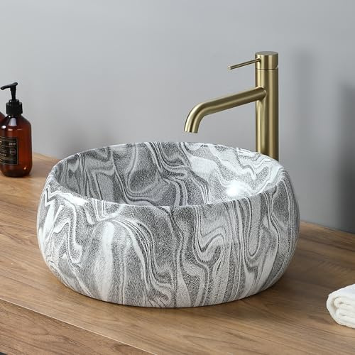 DILECI – Vasque Ronde Creuse Effet Gris Zébré Ø40 cm – Lavabo à Poser Design Contemporain – Finition Minérale Élégante – Idéal Salle de Bain Moderne – Installation Facile et Entretien Simple