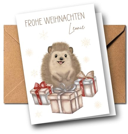 Frohe Weihnachten Karte mit Name für Kinder und Erwachsene | Weihnachtskarte mit Tiermotiv für Kind Enkel Patenkind | Weihnachtstier mit Geschenken | besondere Weihnachtsgrußkarte | A6 (Igel)
