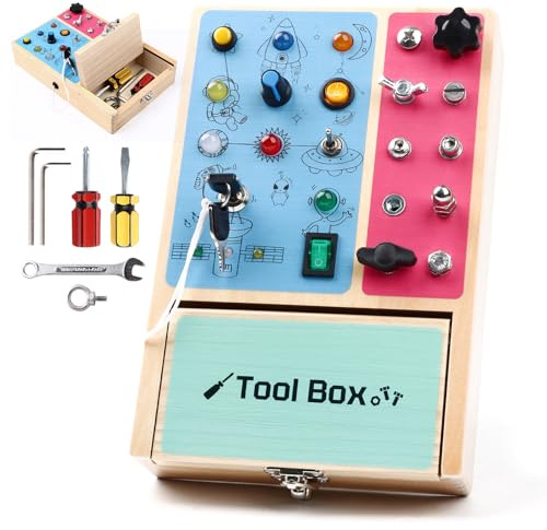 Kidmigo Montessori Busy Board Holz für Kinder – Montessori Spielzeug ab 3 Jahre mit Licht, Schrauben & Werkzeug – Montessori Lernspielzeug Motorikbrett – Pädagogisches Geschenk