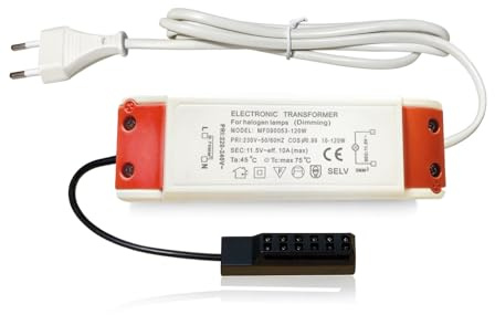 Elektronischer Halogentrafo 12 V dimmbar – 10 bis 105 W – Trafo mit 230 V Zuleitung, Schnurschalter & Netzstecker – inkl. 6-fach AMP-Verteiler – für MR16, MR11, GU5.3 & G4 Niedervolt-Halogenlampen