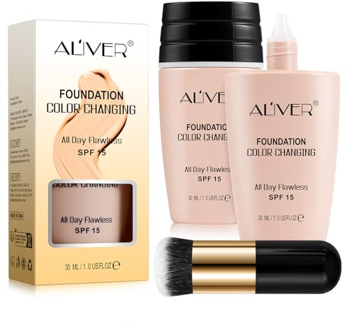 ALIVER Foundation - 4K Makeup Foundation für makellosen Teint - Mittlere Deckkraft mit Second-Skin-Effekt - Inklusive Premium Make-up Pinsel - Für alle Hauttypen - Professionelle Formel