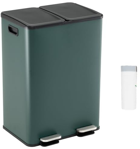 COSTWAY 60L Double Rubbish Bin, 2x30L Stainless Steel Recycle Pedal Kitchen Bin with Removable Buckets, Deodorizer Box, Soft Close Lid & Handles, Airtight Dustbin Trash Can (Green with 15 Trash Bags)