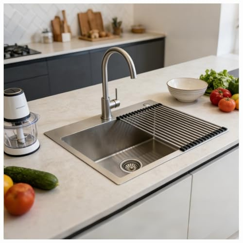 Lavello Cucina 60x45 cm Acciaio Inox Spazzolato 1 Vasca con Scolapiatti, Lavandino Cucina Compatto con Dispenser Sapone e Sifone, Lavello Cucina Piccolo Moderno, Installazione da Incasso o Sottopiano