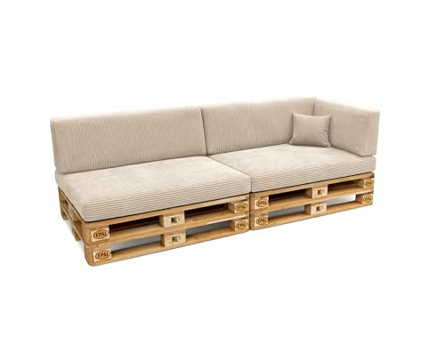 POKAR Palettenkissen 6er Set: 2X Sitzkissen 120x80 + 2X Rückenkissen 120x40 + Seitenkissen + Dekokissen | Palettenauflagen für Palettensofa Cordstoff mit Abnehmbarem Bezug | Made in EU | Elfenbein