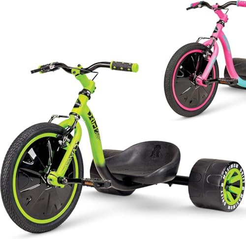 Drift-Dreirad für Kinder ab 5 Jahren – 16-Zoll-Vorderrad mit verstellbarem Sitz, Stahlrahmen, Slick-Hinterrädern und Sicherheitsfahne – Madd Gear - (Black/Green)