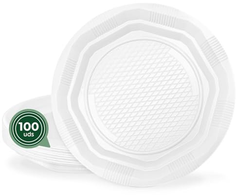 MAXI PRODUCTS - 100 Platos Plástico Blancos Reutilizables - Ø 14 cm - Platos Vajilla - Norma UNE-EN-12875-1 - Plato Redondo - Alta Resistencia - Picnic - Celebraciones - APTO COMIDAS CALIENTES Y FRÍAS