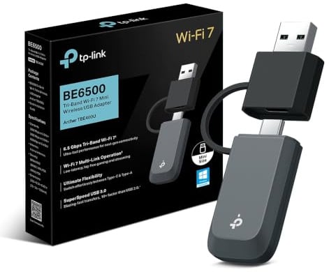 TP-Link Archer TBE400U BE6500 WiFi 7 Dongle, Tri-Band USB Adapter for PC | Dual USB-C & USB-A, SuperSpeed USB 3.0 Fast Data Transfer, MLO, WPA3 Data Security, Plug & Play, Windows 11/10