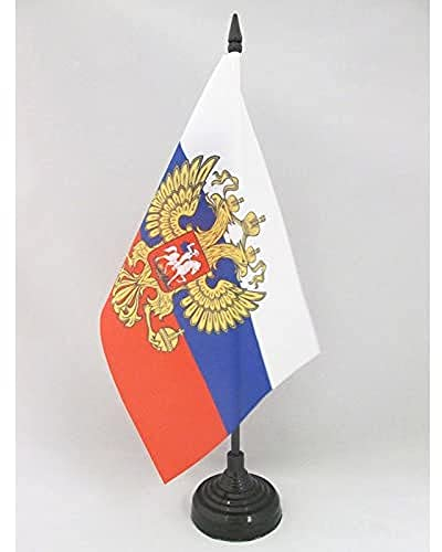 AZ FLAG - Drapeau De Table Russie avec aigle 21x14 cm - Petit Drapeau Russe De Bureau 100% Polyester Avec Hampe De 25cm Et Socle En Plastique Noir