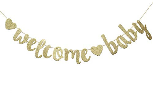 Welcome Baby Gold Glitter Banner- Baby Shower,Pregnancy Announcement, Gender Reveal Party Supplies (Gold)