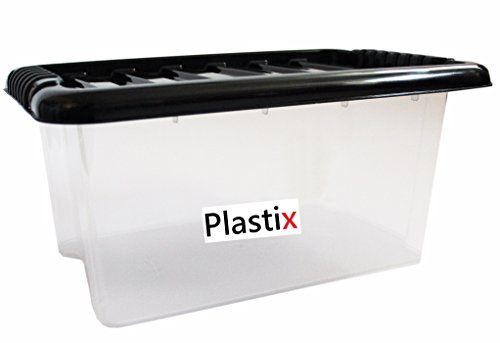 Plastix Clear Plastic Storage Box Boxes With Black Lids Home Office Stackable UK Made (1, 13L)