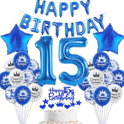 Blau Luftballon 15. Geburtstag Junge deko Folienballon 15 Tortendeko 15 Geburtstags Junge dekoration happy Birthday Girlande Banner Blau Geburtstagsdeko 15 jahre Ballon deko 15. Geburtstag