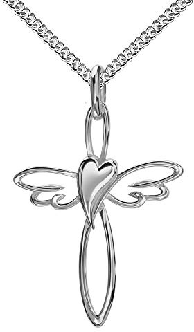Silberkette mit Kreuz-Herz-Flügel-Anhänger 925 Silber als Kettenanhänger Mit Kette 36 cm