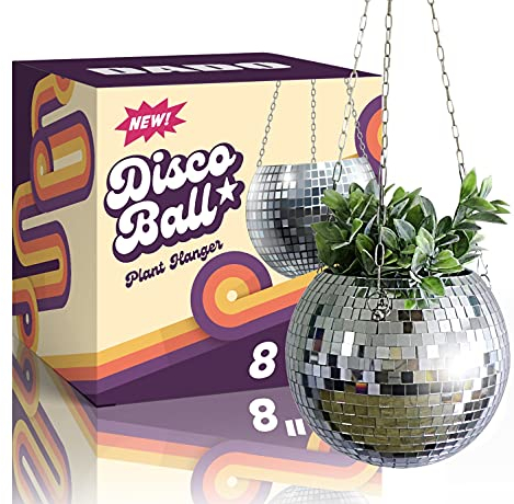 DADO Discokugel-Pflanzgefäß, Disco-Pflanzgefäß für Zimmerpflanzen, Discokugel-Pflanzhänger, einzigartige Pflanztöpfe, Boho-Disco-Kugel zum Aufhängen, Pflanzgefäße für Zimmerpflanzen (Silber, 20,3 cm)