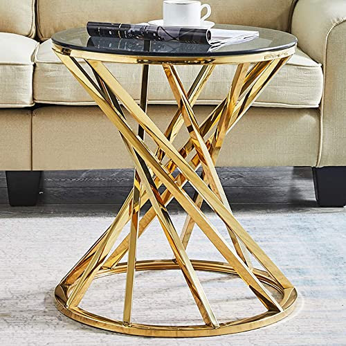 AINPECCA Round Sofa Side Table End Table Stainless Steel with Dark Grey Tempered Glass Design Living Room (Gold)