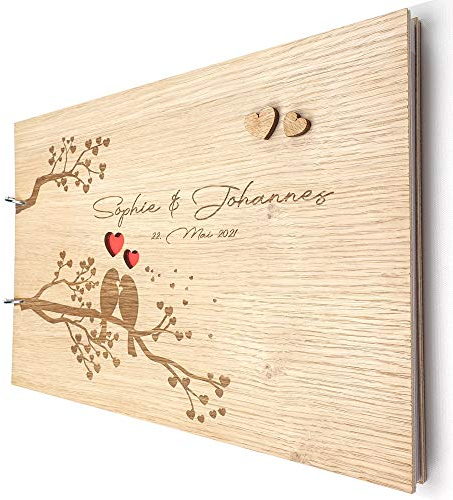 laser-diele Gästebuch Hochzeit – Hochzeitsgästebuch mit Namen Personalisiert – Hochzeitsgeschenke – Eiche Edelfurniert – A4 – Vogelhochzeit …