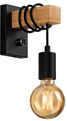 ENCOFT Black and Wood Wall Light with Switch Dimmable Wall Lamp