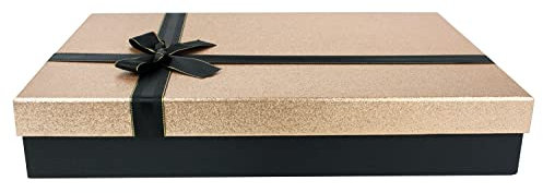 Emartbuy Rigid Single Gift Box, 42 x 30 x 8.5 cm, Black Box with Gold Glitter Lid, Brown Interior and Black Decorative Ribbon