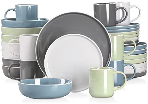 Tafelservice Steingut, vancasso SESAM Geschirrservice, 32 teiliges Kombiservice, mit Kuchentellern, Flachtellern, Kaffeetassen und Schalen, Scandinavian Design für 4-12 Personen
