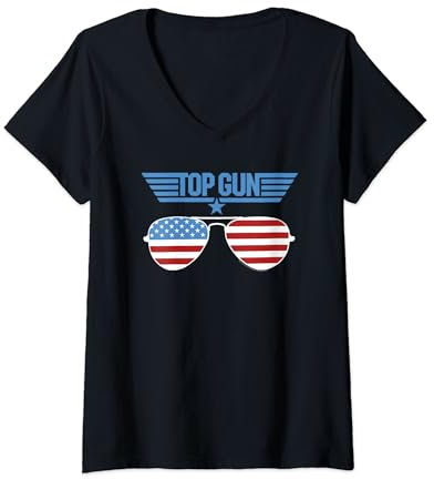 Damen Top Gun White Aviator Sunglasses with Logo Action Movie T-Shirt mit V-Ausschnitt