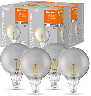 LEDVANCE Smarte LED-Lampe mit Wifi Technologie, Sockel E27, Dimmbar, Warmweiß, Globeform, Klares Filament im Rauchglas, Ersatz für herkömmliche 48W-Birnen, steuerbar mit Alexa, Google & App, 4er-Pack