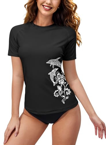 Ladies Modest Crew Neck Uv Rash Vest Swim Shirts Sun Protection Print Swimwear Solid-Black L