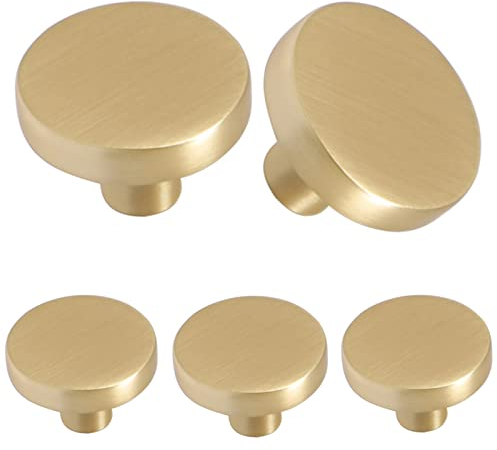 YuGtcen Schrankknöpfe, 5 Stück, Küchenschrankknöpfe, Inway, Zinklegierung, Schubladengriffe und Knöpfe, Möbelbeschläge, moderne runde Knäufe für Küche, Schrank, Schranktür (5, gebürstetes Messing)