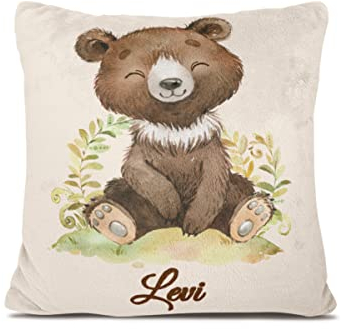 Personalisiertes Babykissen mit Tierdruck – weiches Fleecekissen mit Namen und Datum zur Taufe oder Geburt – Babygeschenk oder Geburtskissen - Kinder Kissenbezug - Kopfkissenbezug (Braunbär)
