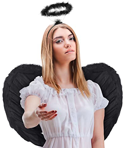 Set mit Engelsflügel + Engel Haarreif | Engelflügel | Haarreifen | Engel Flügel | Amor | Federflügel | Christkind als Accessoire für Damen Kostüm Halloween | Karneval | Mottoparty (Schwarz)