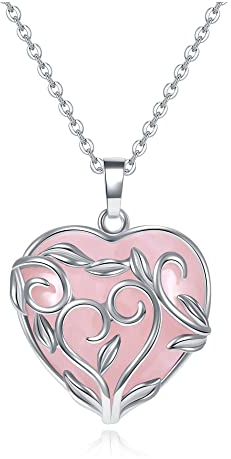 GEHECRST Damen Halskette Edelstein Silber Zweige Wrap Herz Anhänger mit Kette Heilung Edelstein Kettenanhänger Liebe Schmuck Herzförmige Amulett (Rosenquarz)