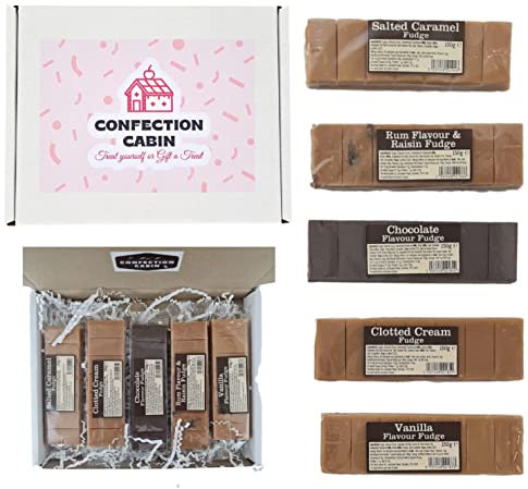 Fudge Gift Set in 5 Flavours (5 Bars x 130g) - Salted Caramel, Rum and Raisin, Chocolate, Vanilla, and Clotted Cream Bars | Selection Box, Stocking Fillers, Birthday Gift