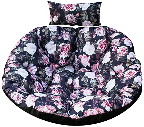 Hängesessel Kissen Polster Auflage für Hängeschaukel – Runde gesteppte Sitzauflage für Hängekorb mit Rückenkissen, Gartenstuhl Kissen, Sitzkissen Indoor & Outdoor, Dekokissen für Hängekorb (Rosen)