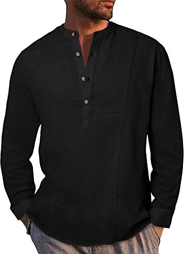 LVCBL Men's Shirts Long Sleeve Henley Shirt Summer Lightweight Banded Collar Beach Tops Black M