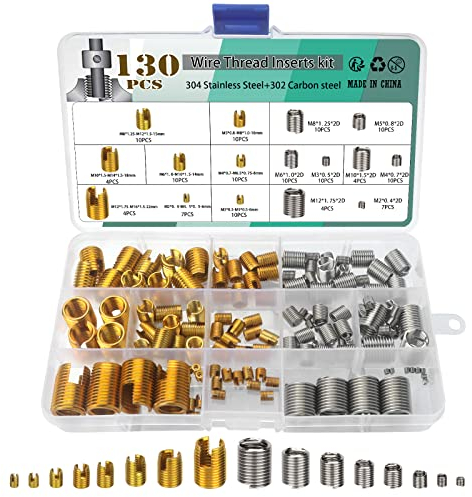 130 Pcs Kit de Réparation de Vis à Insert de Filetage Autotaraudeur en Acier au Carbone,Inserts de Réparation de Filetage,Vis d'Insertion de Filetage en Acier Inoxydable