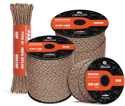 Abma Cord Paracord 620lbs 4mm 15M 100% Nylon Seil Typ 3 Schnur mit 9 Kern für Basteln, Camping, Survival, Outdoor - Max. 280kg - Blitz