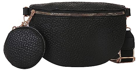 1 x Umhängetasche Uni Schwarz mit 1 kleinen Geldbörse, Hüfttasche aus Kunstleder, einfache Tasche mit breitem Schultergurt, geeignet für unterwegs, Einkaufen, Reisen, Spazierengehen, Schwarz , 24 x