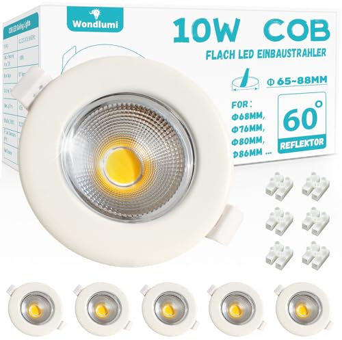 Wondlumi 6er LED Einbaustrahler 230V 10W Set LED Spots Rund Weiß 4000K Neutralweiß Deckenspots 65-88mm Lochmaß 850LM Einbauleuchten für Wohnzimmer