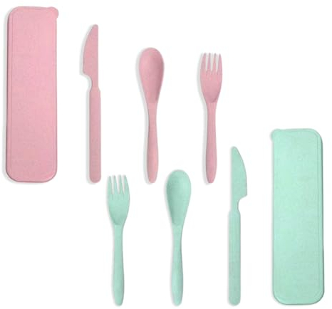 EODKSE 2pcs Juego de cubiertos reutilizables de plástico duro con estuche para camping y viajes, Incluye cuchillo, tenedor y cuchara en verde y rosa para usar al aire libre, en la oficina o la escuela