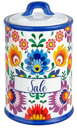 Baroni Home Salière en Céramique Décoré, Pot de Rangement de Cuisine avec Couvercle Hermétique pour Sauver l’Arôme, Pot à Sel de Qualité, Ligne Flora, 11x11x17 cm