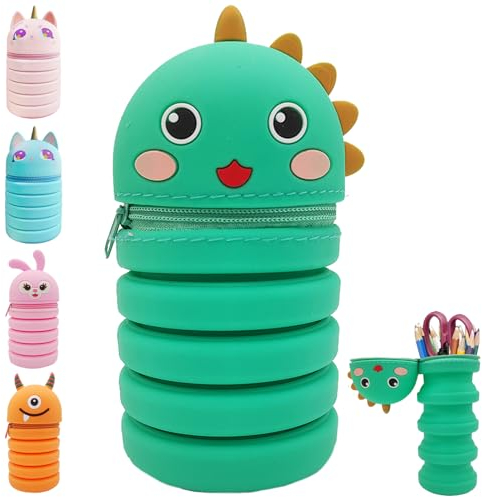 YOUYIKE Federmäppchen Klein, 2-in-1 Dinosaurier Federmäppchen Kinder und Stifthalter, Teleskopisc mäppchen Kinder, Federtasche Jungen, Silikon Pencil Case für Jungen Teen Geschenk zum Schulanfang