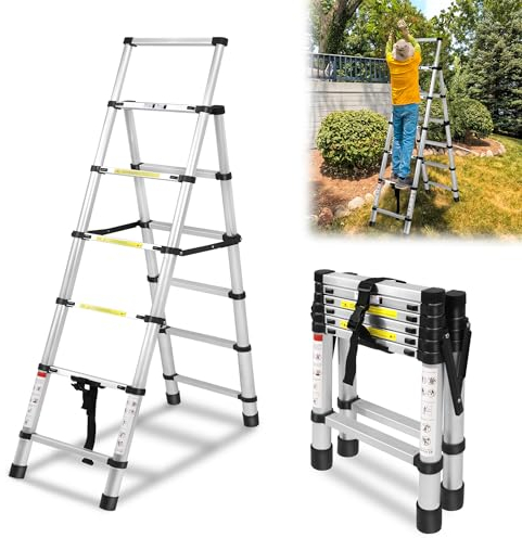 YRHome 1.7m+2m Klappleiter Teleskopleiter A-Rahmen 6 + 7 Stufen Aluleiter Mehrzweckleiter Rutschfester Ausziehbare Leiter Stehleiter Trittleiter Leiter bis 150 kg Tragfähigkeit für Dachreparaturen