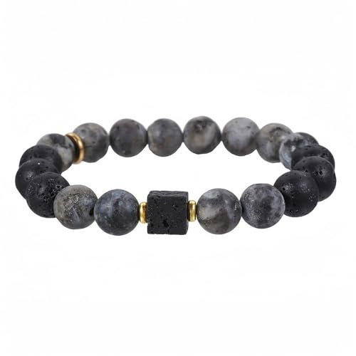 LerijN Stein Armband Damen,Perlenarmbänder Natürliche Graue Picasso-Steinperlen Würfel Schwarzes Lava-Anhängerarmband Elastisches Kristallarmband Reiki-Kristall Schmuck für Frauen Männer