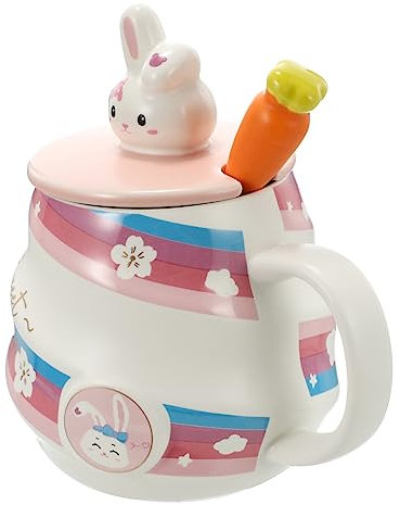 LIFKOME Cartoon-Becher Kaffeebecher Kaninchen-Keramiktasse Kaffeetassen mit Deckel Kaffeetasse aus Keramik langlebiger Becher mit Löffel Kaffee Aufbewahrungsbecher Gut aussehend Studentin