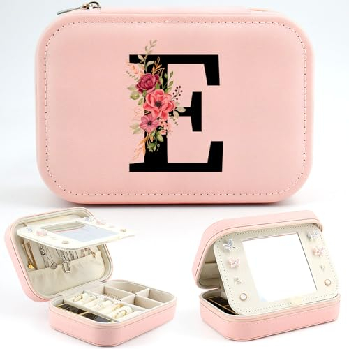 Regalo Donna Personalizzato Portagioie con Iniziale, Piccolo Portagioie da Viaggio con Lettera, Iniziale Scatole Gioielli con Specchio, Regalo per Ragazza Donne, Compleanno Anniversario Natale (E)