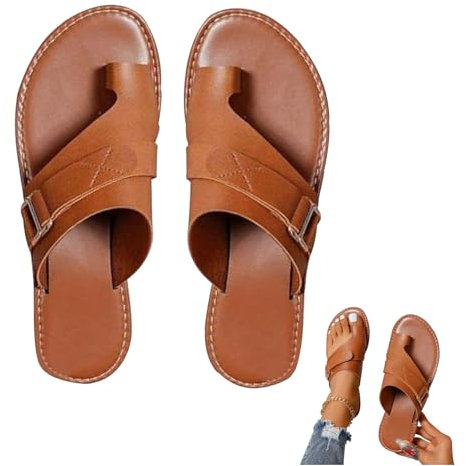 Orthopädische schuhe hallux valgus schuhe damen sandalen PU leder, Damen zehentrenner orthopädische sandalen Bequeme rutschfeste Hallux Valgus Korrektur Sandale Hausschuhe(Size:EU 38.5,Color:Brown)